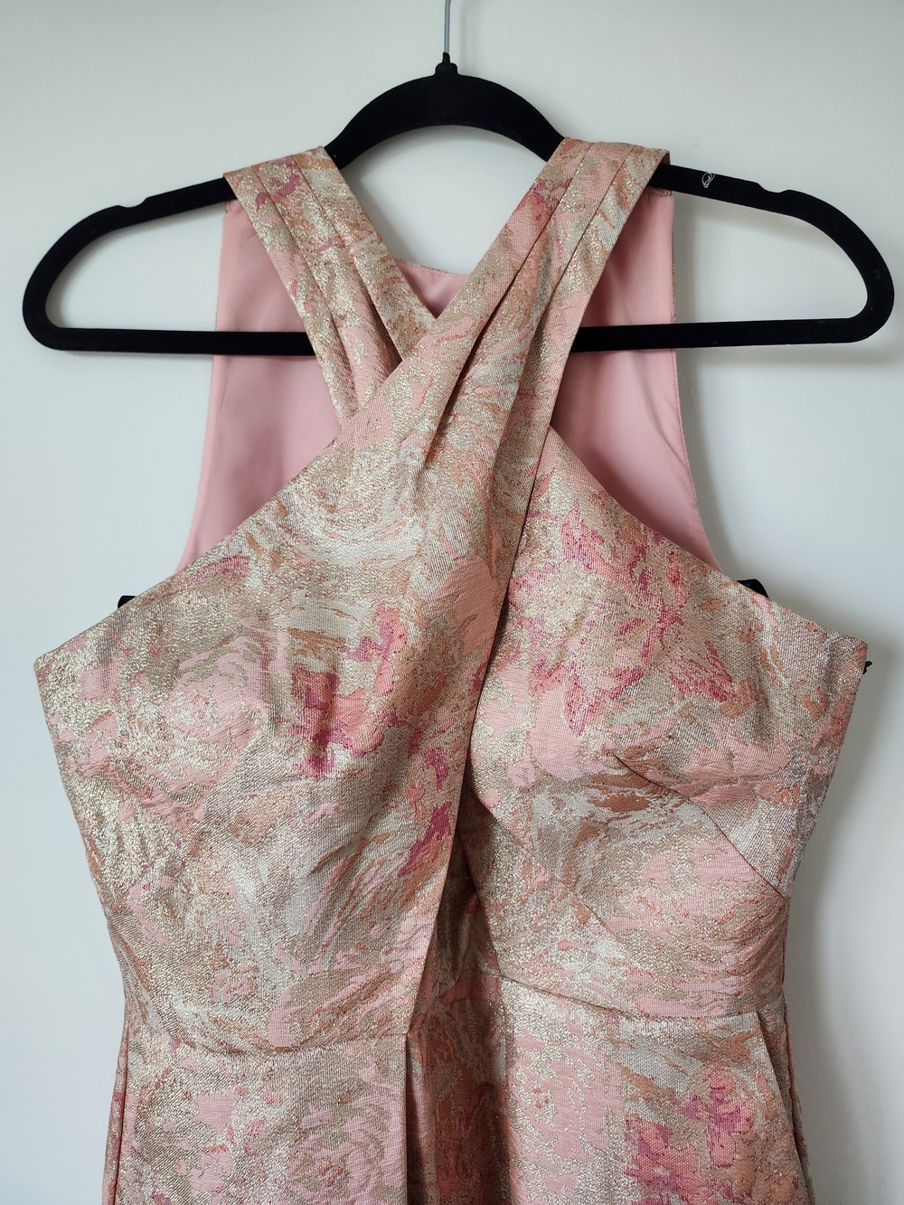 Vince Camuto Pink Metallic Brocade Crisscross Mini Dress - Picture 4 of 16
